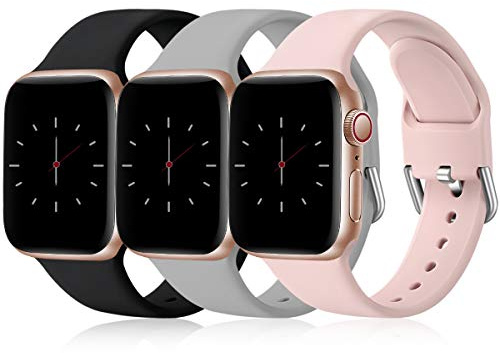 Wepro Pack 3 Straps Compatible with Apple Watch Strap 42mm(Series 10) 38mm 40mm 41mm Women Men, Soft Silicone Strap for iWatch Series 10 9 8 7 6 5 4 3 2 1 SE, Black/Grey/Pink