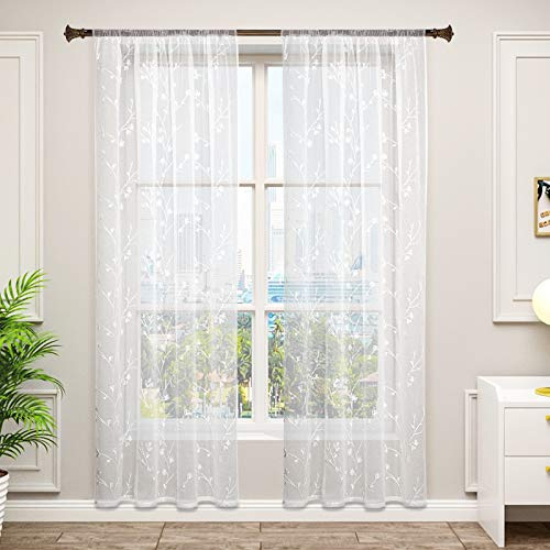 WOLTU Gardinen Kräuselband Blumenstickerei halbtransparent 140x245cm Weiß | 2er Set Leinenoptik und Halbtransparente Vorhänge für Wohnzimmer Schlafzimmer, moderne Stores mit weichem Licht, Länge 245 cm