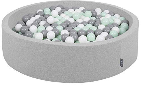 KiddyMoon Bällebad 120X30cm/200 Bälle Rund Groß Bällepool Mit Bunten Bällen Für Babys Kinder, Hellgrau:Weiß-Grau-Mint