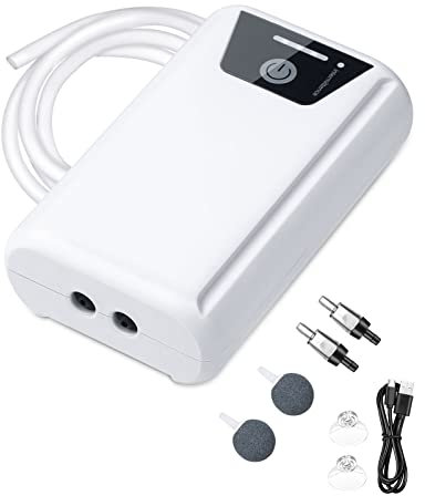 Petbank Aquarium Luftpumpe: USB Aquarium Luftpumpe Regelbar, 2600mAh Batterie, Zwei Stromversorgungsmodi, 1.5-2L/min*2