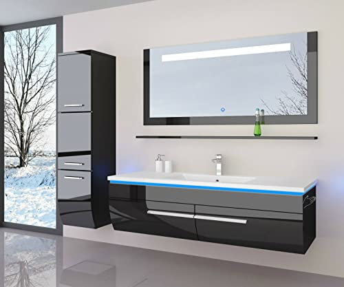 danny Homeline Badmöbel Set Hochglanz lackiert Komplett MDF Holz (120 Single Becken mit 1x Hochschrank, Black)