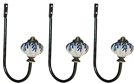 TentHome Set 3 Stück Garderobenhaken Keramik Garderobe Kleiderhaken Wandhaken Rustikale Handtuchhaken Einzelhaken Kürbis in Blauweißes Porzellan Blauweißes Porzellan