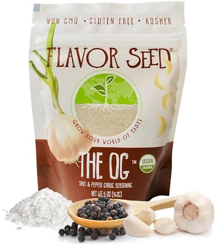 Organic Salt Pepper Garlic Seasoning - The OG by Flavor Seed, Carnivore & Keto Friendly Organic Garlic Salt, SPG Seasoning for Grilling Meat & Veggies, Popcorn Topping, Kosher, 5 oz Resealable Pouch