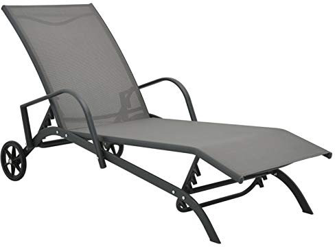 Tidyard Sonnenliege mit 2 Rädern Gartenliege Relaxliege Gartenmöbel Liege Liegestuhl Strandliege Freizeitliege Rollliege Stahl und Textilene 200 x 58 x 32 cm Grau