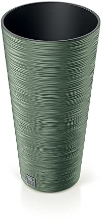 Round Wood And Grain Look Planter Tall Flower Plant Pot Indoor Outdoor Garden Decor Contemporary Modern 25cm Diameter (Earth Green)