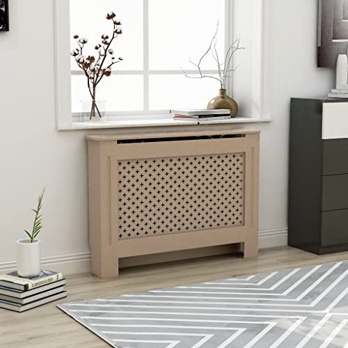 FIRBNUS 112x19x81.5 cm HeizköRperverkleidung HeizköRper Heizungsverkleidung HeizköRperabdeckung LamellentüR Lochplatte Holz HeizköRperkonsole Braun