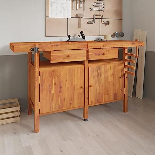 INLIFE Werkbank mit Schubladen Schraubstöcken 162x62x83 cm Akazienholz,37.2kg,153324