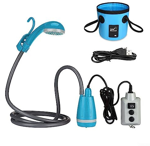 Tragbare Campingdusche, Outdoor-Duschpumpe, Camping-Dusch-Set, 12 V DC Fahrzeug-Campingdusche USB wiederaufladbarer Duschkopf, Dusche+Eimer