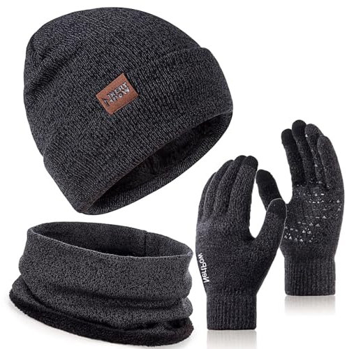Nertpow Mütze, Schal & Handschuh-Sets für Damen Herren, Touchscreen Winter Beanie Stricken mit Fleece Gefüttert Halswärmer (Schwarz Dunkelgrau)