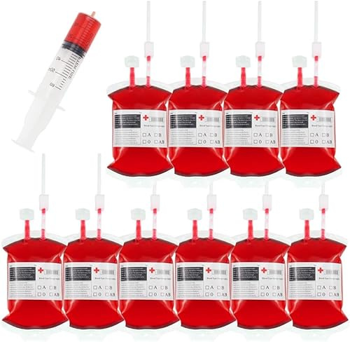 Zempertoopa Bolsa de Sangre para Bebidas, 10 Pcs Bolsas de Sangre para Vasos para Beber de Halloween, Tazas de Fiesta de Halloween, Recipiente de Bebida, contenedor de Bebidas con Clips de jeringa