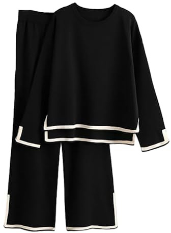 Cicano 2-delat set, kläder för kvinnor, stickad tröja, långärmad pullover, topp och byxor, lounge- och träningsoveraller Långärmad svart M