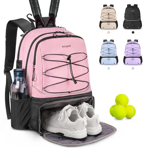 Arcoyard Tennis Bag, Large Tennis Bags For Women, Tennis Backpack with Ventilated Shoe Compartment and Insulated Pocket, Hold 2 Tennis Pickleball Rackets, Tennis Pickleball Balls and More (pink)