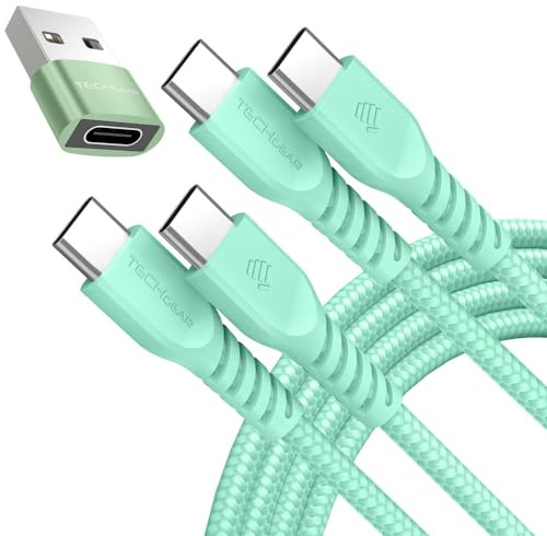 TECHGEAR Cavo di ricarica da USB C a USB C da 60 W (1 m + 1 m + adattatore) cavo intrecciato da tipo C a C, cavo dati di ricarica rapida compatibile con iPhone