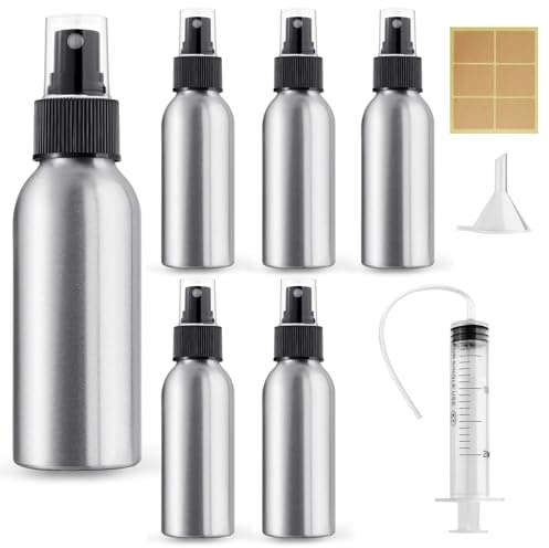 Furuising 5 Stück 100ml Aluminium Sprühflasche Klein, Spray Bottle, Mini Leer Zerstäuber Sprühflasche, Sprühflaschen zum Befüllen mit 20ml Spritze, Trichter, Aufkleber für Kosmetik,Flüssigkeit