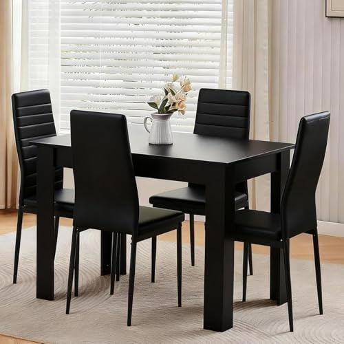 Homullel 110cm Dining Table and 4 Chairs, 4 Seater Kitchen Table and Chairs Set for Space Saving, Dining Room Set for 4, Black (4 Seaters, Faux Leather Black)