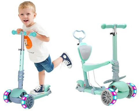 5-in-1 Kinder Roller Scooter Kinderoller Kinderscooter mit PU Räder, Abnehmbarem Sitz, 4 Höhenverstellbare, Bequeme Rückenlehne, Faltbarer Kinderroller für Mädchen Jungen 3-6 Jahre