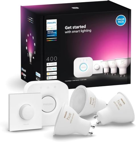Philips Hue Starter Kit: Bridge + 3 GU10 Smarte Glühbirnen + Smart Button, White and Color Ambiance, Smart Light Hub, kompatibel mit Alexa, Google Assistant, Samsung SmartThings, Apple Home