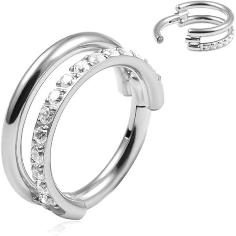 Vankula Septum Ring G23 Titanium 8mm 16g Hinged Segmentring Clicker Double Loop CZ Nasenpiercing Helix Daith Tragus Conch Piercing Schmuck für Frauen und Männer Silber