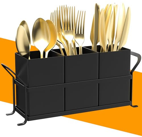 DRPORONYN Besteckkorb für Party – schwarzer Utensilienhalter für Küchentheke, kompakter Metall-Organizer für Besteck, Besteck, Löffel, Gabeln und Messer, niedlicher kleiner Bauernhaus-Behälter für