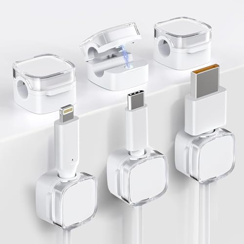 elook Cable Tidy, 6 Pcs Magnetic Cable Clips Management with Strong Adhesive, Cord Organizer Holder for Home, Office, Car, Desk, Nightstand - White