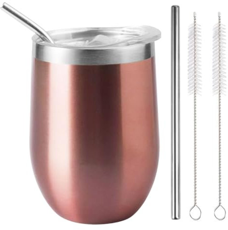 LiangYuanZen Verres à vin de 340 ml en acier inoxydable, avec couvercle, avec « paille et brosse » pour garder le froid et le chaud pour le café, la bière, le champagne, le lait, les cocktails, les