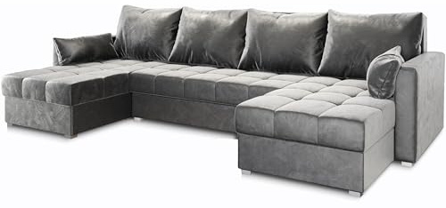 Masseno Ecksofa NAKO mit Schlaffunktion U-Form, Sofa mit Bettkasten, Wohnzimmersofa, Couch, Soffa, Bettsofa, Couchgarnitur- Hellgrau, Paros 05