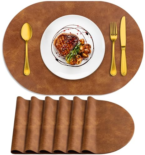 ADRIMER Placemats, Heat Resistant Oval Placemats Set of 6 Washable 12 x 17 Inch, Waterproof Table Mats, Wipeable Pu Place Mats for Kitchen, Dining Room, Turmeric Brown