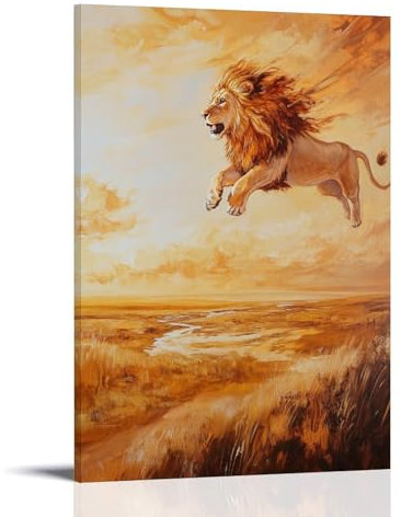 YMHDJYH Ölgemälde mit Tiermotiven eines Löwen, die über endlose Savannen fließt, Mähne streaming into a golden pastell Horizont. Wandkunst, Wandbild, moderne Dekoration, hängendes Kunstposter, 30 x 45