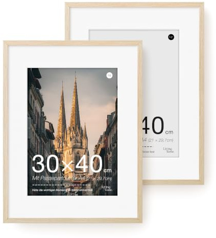 LIVINGTASTE Bilderrahmen 30x40 cm Eiche Natur mit Acrylglas Front, 2 Stück mit Passepartout für A4 (21x29,7 cm), ideal für Familienfotos im Wohnzimmer