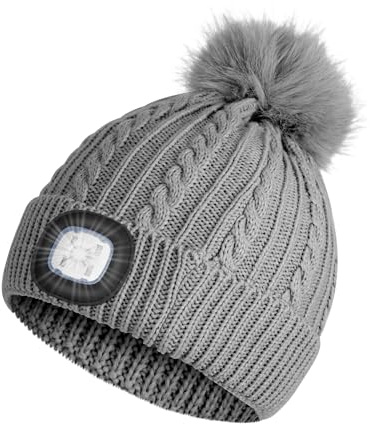 Shedoo Mütze mit Led Licht, Winter Wärmer Strickmütze für Damen und Mädchen, USB Wiederaufladbare LED Beleuchtete Beanie Mütze mit Licht, LED Licht Mütze für Jogging, Camping, Angeln, Walking