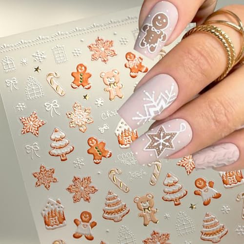 JMEOWIO 3D Embossed Christmas Holiday Cute Nail Art Stickers Decals Self-Adhesive 5D Nail Supplies Nail Art Design Decoration Accessories 1 Sheets