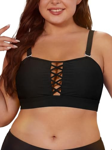 SHEKINI Womens Plus Size Bandeau Bikini Top Only | Removable Pads, Adjustable Straps, Front Lace-up, Push Up, Full Coverage, for Large Bust, Mutiway Bikini Top
