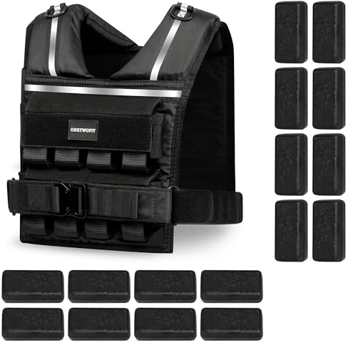 ONETWOFIT Gilet lesté réglable pour homme de 20kg, gilet de rucking pour la marche avec fermeture éclair, 16 poids en Fer,gilet d'entraînement de force pour la course,la marche (Noir-2)