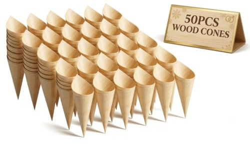 UKCOCO 50pcs Disposable Wooden Serving Cones: Biodegradable Wood Tasting Cones - Ice Cream Snacks BBQ Fries Holder for Christmas Weddings Parties Food Takeaway, 7 Inch