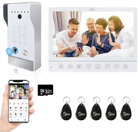 Système d'interphone vidéo filaire pour appartement, écran tactile de 7 , sonnette de porte 5 en 1 avec résolution 1080p, prend en charge les empreintes digitales, les cartes RFID, les mots de passe