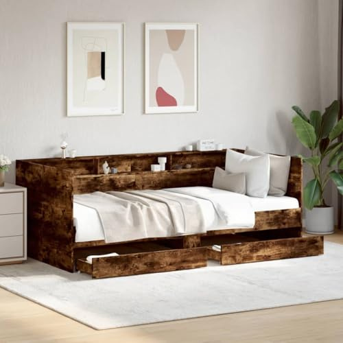 PUGYNBK Tagesbett mit Schubladen ohne Matratze Räuchereiche 75x190 cm, Ausziehbares 2-in-1 Schlafsofa als Sofa und Bett, 2 Schubladen mit Rollen für Stauraum, Robuster Holzwerkstoff