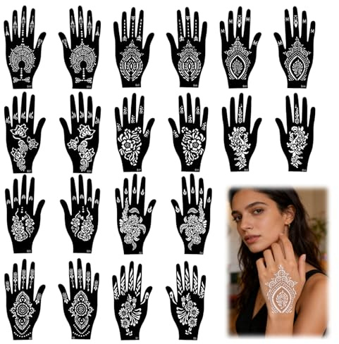 JININOSEU 20 Stück Henna Schablonen Tattoos, Indische Wiederverwendbare Temporäre Tattoo Aufkleber Kit für Hände Unterarm, DIY Gefälschte Tattoos Stencils für Frauen Mädchen