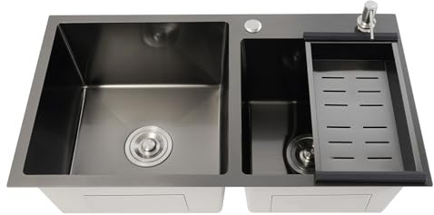 Fregadero de cocina doble negro, 78 x 43 x 22 cm, acero inoxidable 304, con escurridor y dispensador de jabón