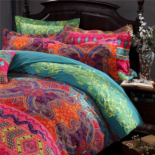 USTIDE Exotic Brushed Cotton Duvet Cover Set 3Pc - Bohemian Mandala Floral Design, Double Size(200x200cm) Bedding Set, Wrinkle-Resistant & Hypoallergenic, 400 Thread Count
