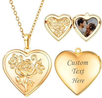 U7 Collana Donna Medaglione Portafoto Cuore Rosa Fiore Ciondolo Portafoto + Catena Regolabile, Collana Donna Cuore Apribile Placcato Oro 14K Regalo per Natale Anniversario Compleanno