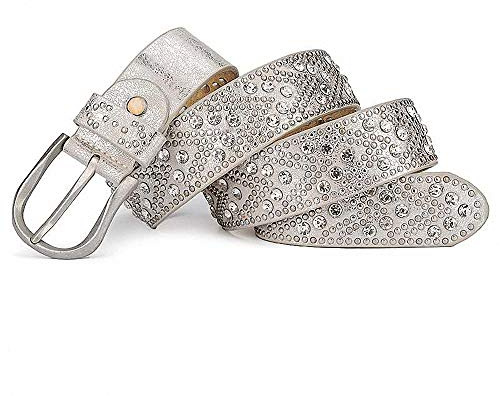 Ulalaza läderbälte för kvinnor, ihåliga diamanter nitar midjeband med legeringsspänne ihåliga läderbälten, 100006/110 cm/Slivergrey, one size