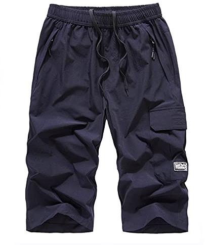 MakingDa 3/4 längd shorts män under knäet last tre fjärdedelar långa shorts med dragkedja ficka beskurna byxor, Mörkblått, 3XL