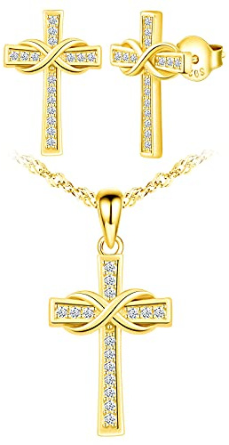 Yumilok Halskette Damen Kreuz in 925 Sterling Silber Damen Kette Religion Unendlichkeit Anhänger Zirkonia Damen Ohrstecker Ohrringe Set für Damen
