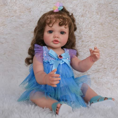 Enjoy with Love 55CM Lebensechte Ganzkörper-Reborn-Mädchen-Puppe Betty Hand-Detaillierte Malerei mit sichtbaren Adern 3D-Haut verwurzelte Lange Haar-Kunst-Puppe (Blue Eyes)
