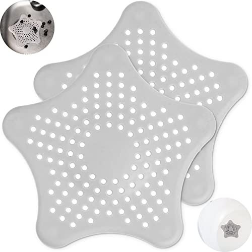 Universal Abflusssieb, 2 Stück, in Grau, aus TPR, 155 x 135 mm, mit 5 Saugnäpfen für festen Halt, für Abflüsse bis Ø 90 mm, Ablaufsieb Spüle, Haarsieb Waschbecken, Badewanne Filter, Haarfänger Dusche