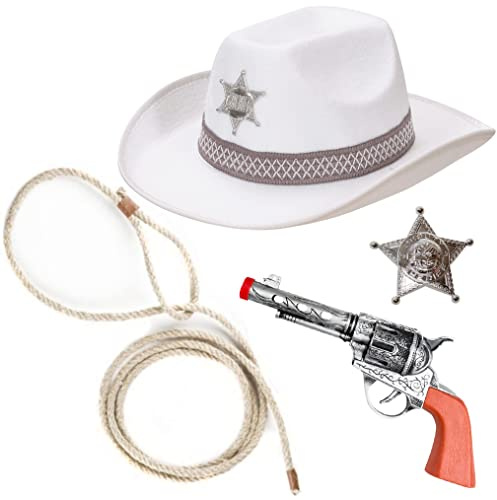 Goldschmidt Kostüme Cowboy Sheriff Accessoires Set 4-tlg mit Cowboyhut | Lasso Hut Revolver & Sheriffstern Accessoireset Fasching Karneval Kinder Erwachsene (4-tlg weiß), Einheitsgröße, GCS01
