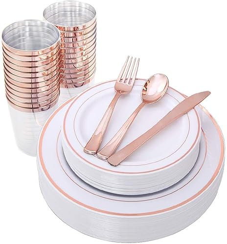 LATERN 150Pcs Multi-Use Rose Gold Plastic Dinnerware Set, 25 x Reusable Dinner Plates, 25 x Salad Plates, 25 x Knive, 25 x Mini Forks, 25 x Spoons, 25 x 300ml Cups for Wedding Anniversary Garden Party
