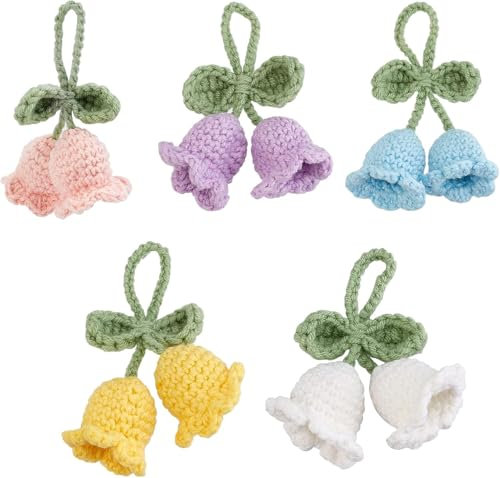 FINGERINSPIRE 5 colgantes de flores de ganchillo de 5 colores hechos a mano con diseño de campanillas españolas de ganchillo y Bluebell flores, colgante de llave de algodón, accesorios para colgar