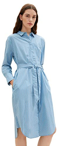 TOM TAILOR Damen 1032517 Blusenkleid mit Brusttasche & Bindegürtel, 30198 - Blue White Thin Stripe, 46
