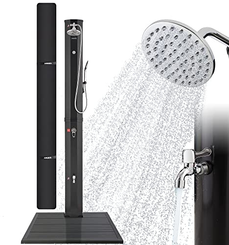 AREBOS Doccia Solare 60 L | con doccetta e termometro | Temperatura dell'Acqua Fino a 60°C | Soffione Rotondo | Tecnologia a Scatto | incl. Coperchio e Piatto Fondo in Antracite I Nero